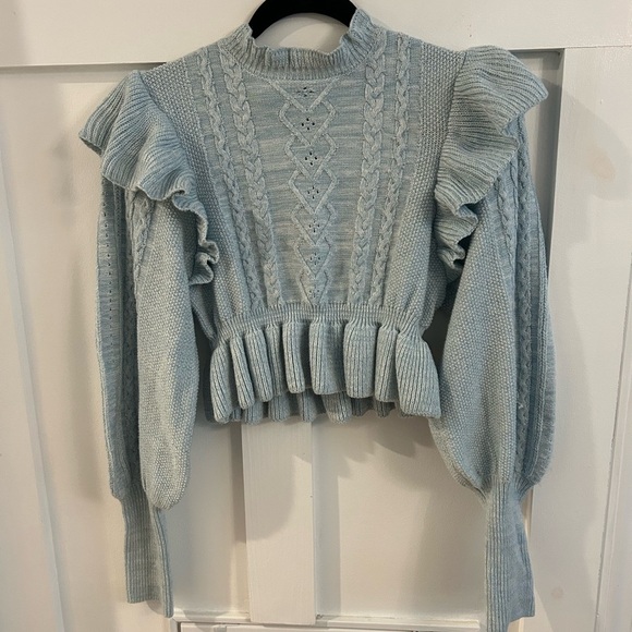 MAJORELLE Langley Cable Ruffle Sweater in Baby Blue - Picture 2 of 6
